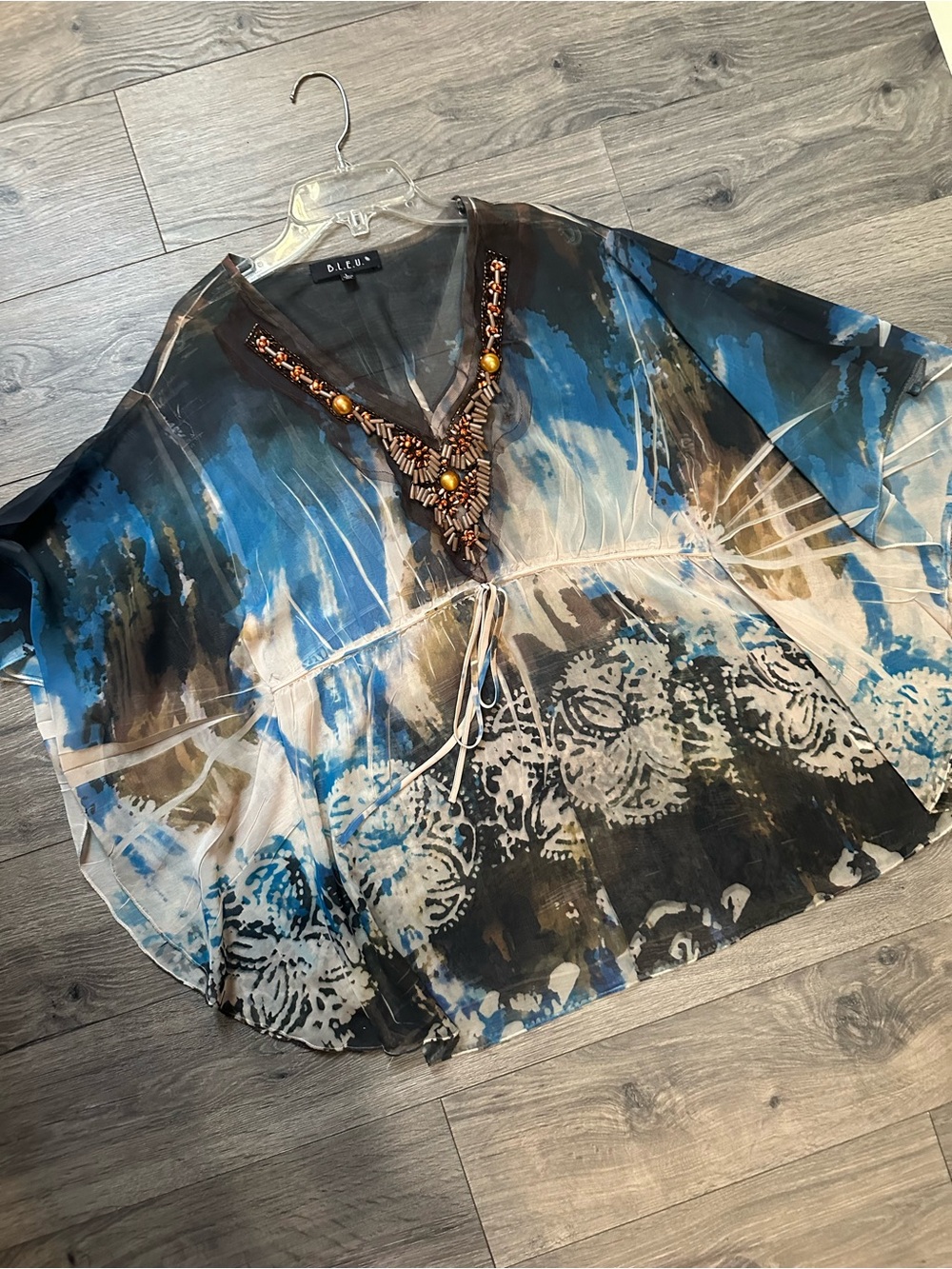 B.L.E.U. Blue Black Cream Beaded V-Neck Tunic